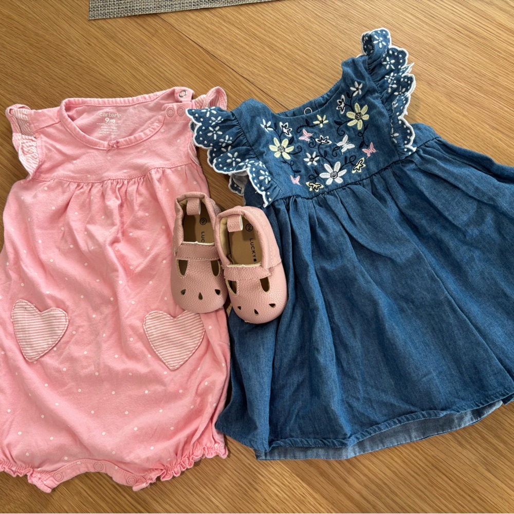 Carter'sPink Heart Romper & Baby Essentials Blue Floral Dress Set & Lucky Brand